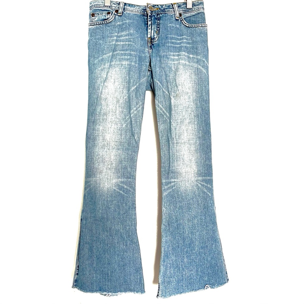 Precision fit mid rise medium wash faded whisker 70s flare wide leg jeans